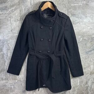 Guess Wool black trench pea coat with belt Woman's Size Medium grunge